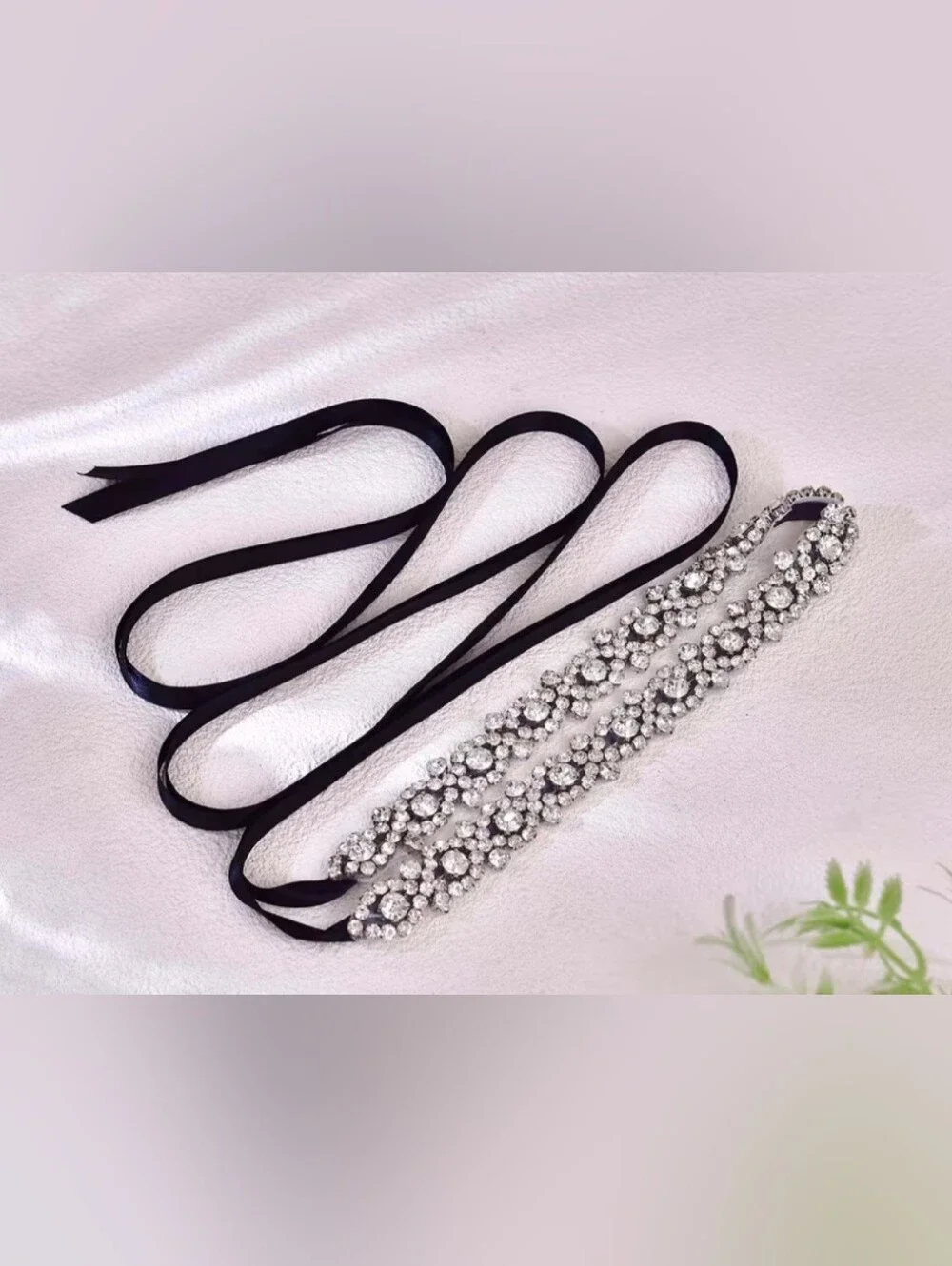 Crystal Embellished Black Ribbon Waist Belt